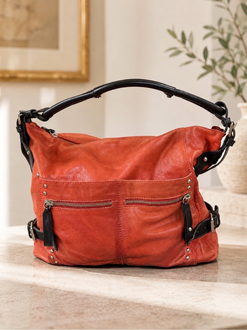 Tano coral Leather slouchy hobo Shoulder Bag with Black Trim